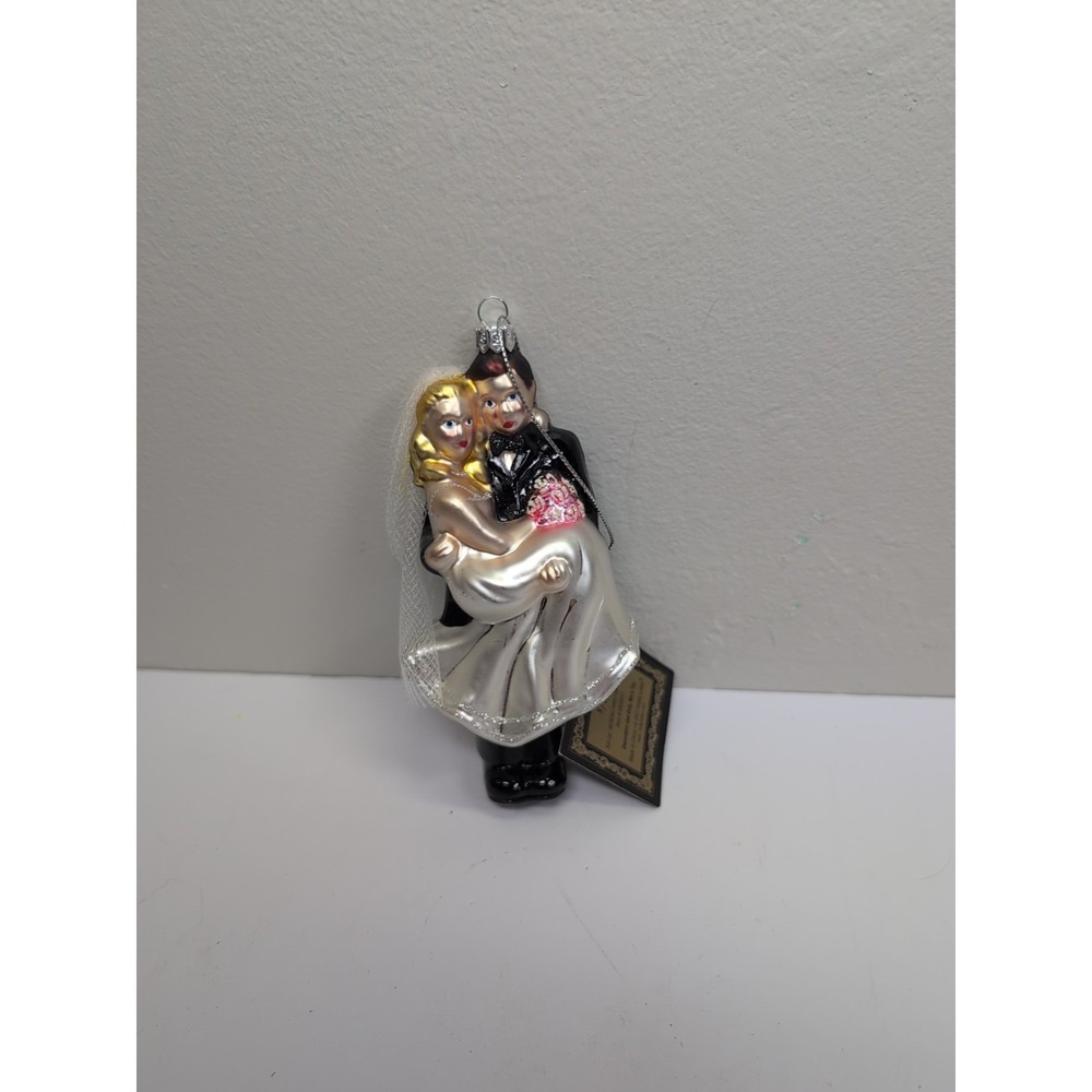 Kurt Adler Blonde Bride & Brunette Groom Blown Glass Christmas Ornament Wedding